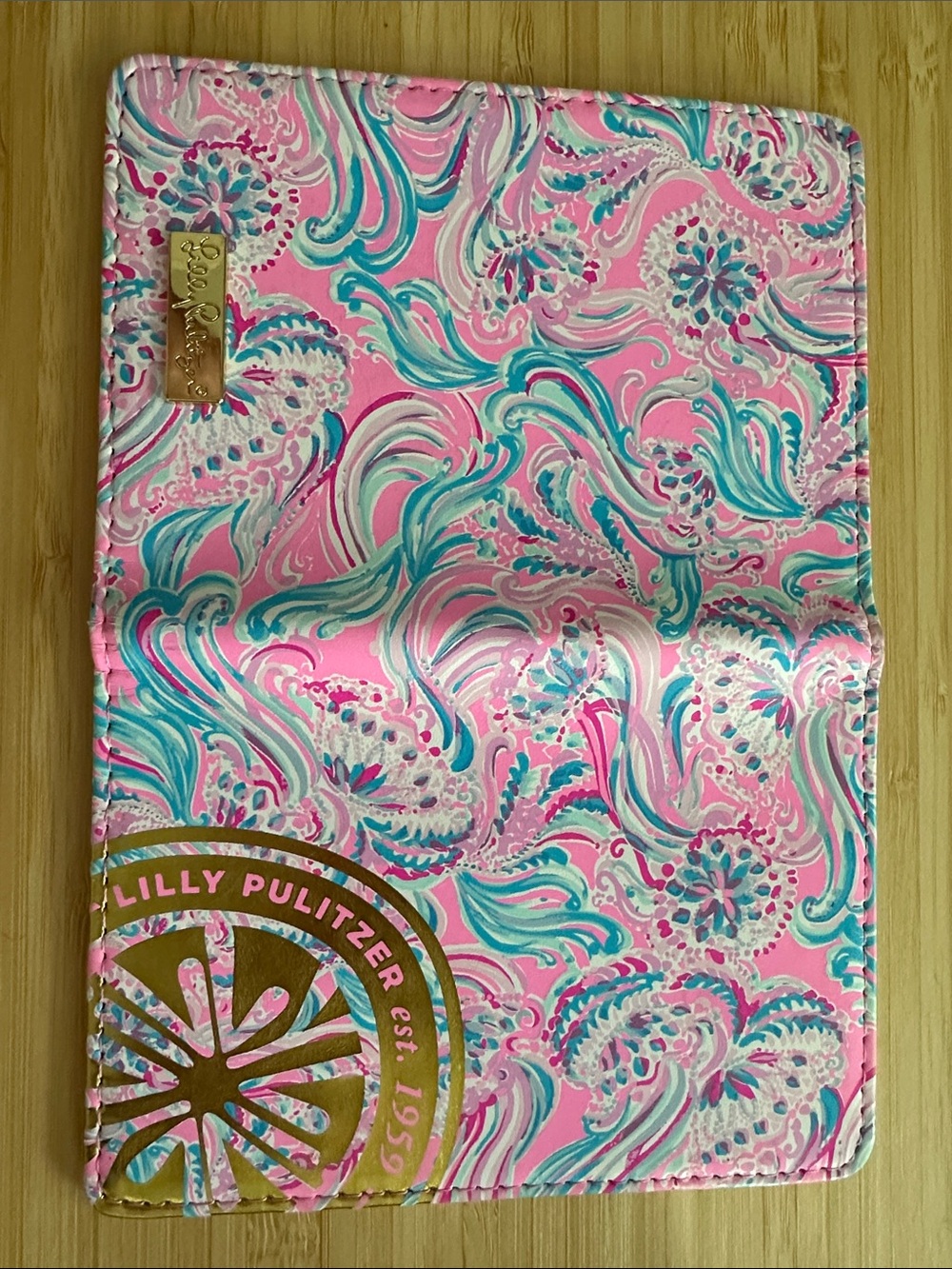 Lilly Pulitzer Pink Aqua Paisley Passport Cover with Gold Logo - Picture 4 of 4